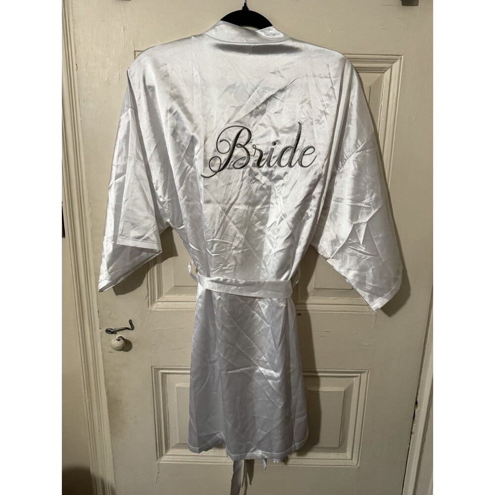 Bride White Satin Robe Bridal Wedding Getting Ready Robe S/M Embroidered
